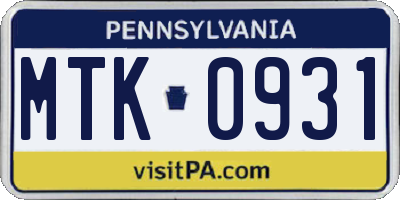 PA license plate MTK0931
