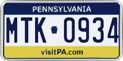 PA license plate MTK0934