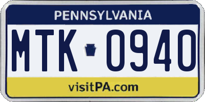 PA license plate MTK0940