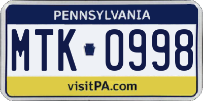 PA license plate MTK0998