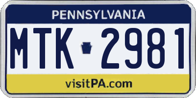 PA license plate MTK2981