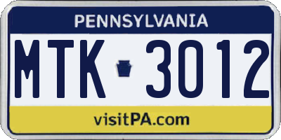 PA license plate MTK3012