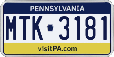 PA license plate MTK3181