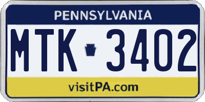 PA license plate MTK3402