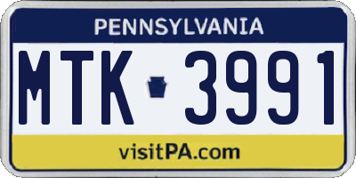 PA license plate MTK3991