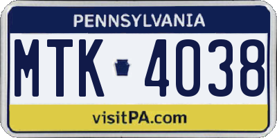 PA license plate MTK4038