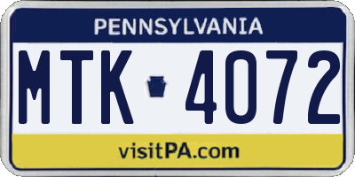 PA license plate MTK4072