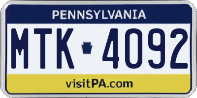 PA license plate MTK4092