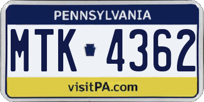 PA license plate MTK4362
