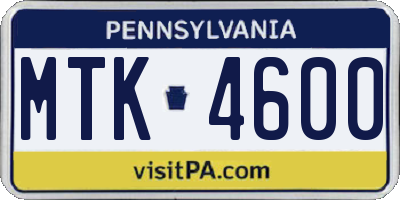 PA license plate MTK4600