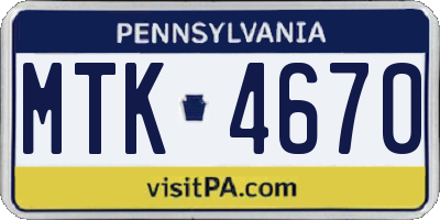 PA license plate MTK4670