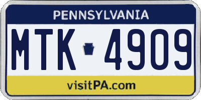 PA license plate MTK4909