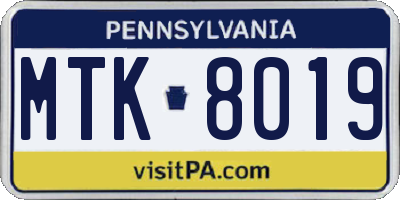 PA license plate MTK8019