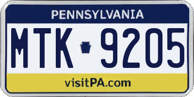 PA license plate MTK9205
