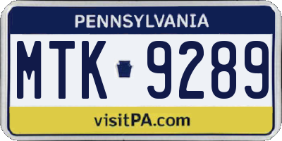 PA license plate MTK9289