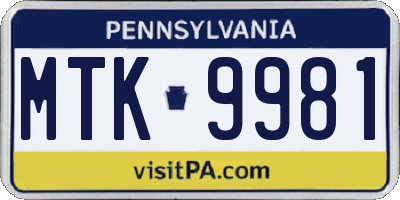 PA license plate MTK9981