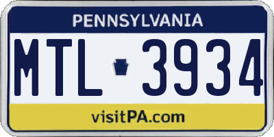 PA license plate MTL3934