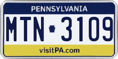 PA license plate MTN3109