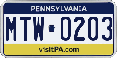 PA license plate MTW0203