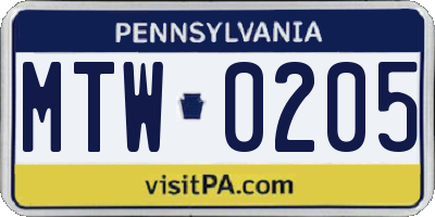 PA license plate MTW0205