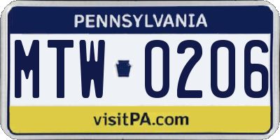 PA license plate MTW0206