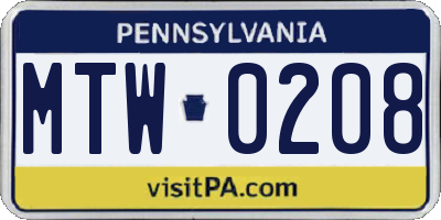 PA license plate MTW0208