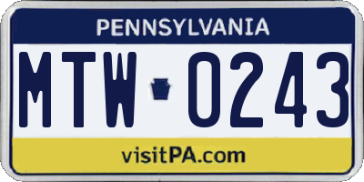 PA license plate MTW0243