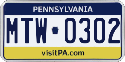 PA license plate MTW0302