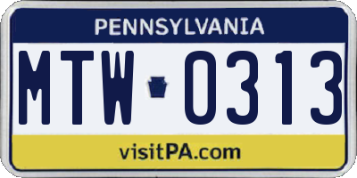PA license plate MTW0313