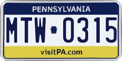 PA license plate MTW0315