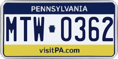 PA license plate MTW0362