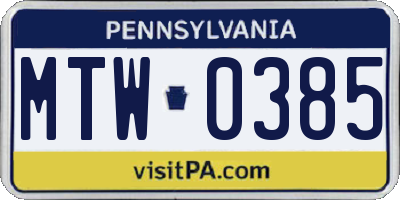 PA license plate MTW0385