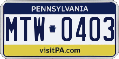 PA license plate MTW0403