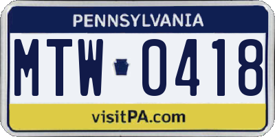 PA license plate MTW0418
