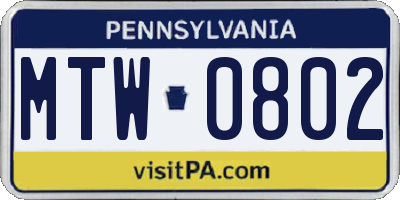 PA license plate MTW0802