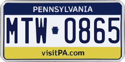 PA license plate MTW0865