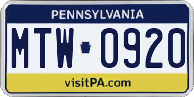 PA license plate MTW0920