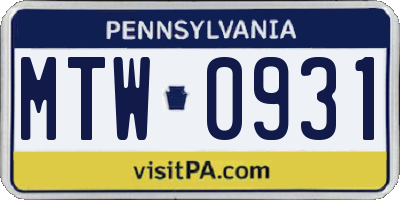 PA license plate MTW0931