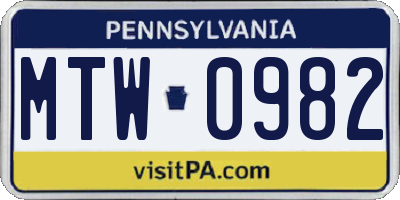 PA license plate MTW0982