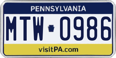 PA license plate MTW0986