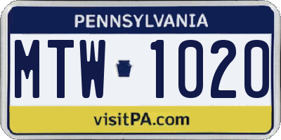 PA license plate MTW1020