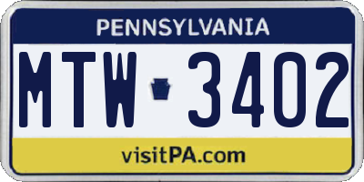 PA license plate MTW3402