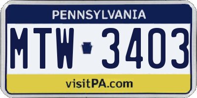 PA license plate MTW3403