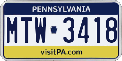 PA license plate MTW3418