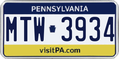 PA license plate MTW3934