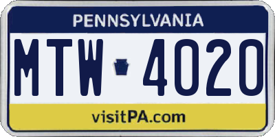 PA license plate MTW4020