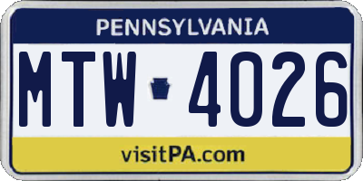 PA license plate MTW4026