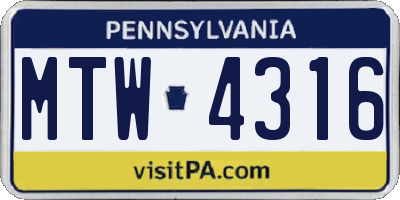 PA license plate MTW4316