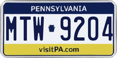 PA license plate MTW9204
