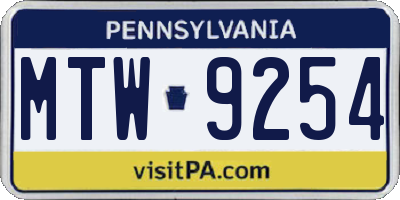 PA license plate MTW9254
